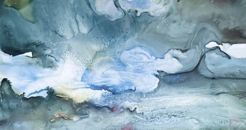 Rushing, alcohol ink and mixed media, 6" x 15"