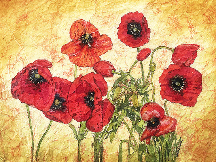 Poppies of Ephesus, watercolor batik on mulberry paper, 16" x 12"