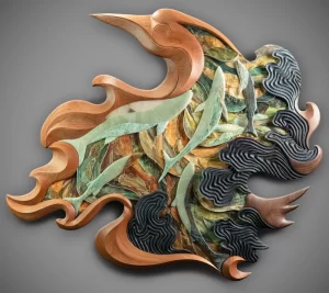 Ancestral Migration, Cherry, walnut, weathered wood mosaic, soapstone, aluminum, paint. 41" x 48" x 3"