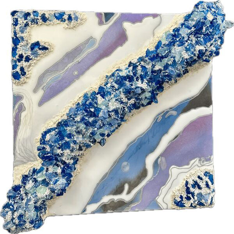 Blue Cluster, mixed media on canvas: glass, epoxy resin, mineral pigments, and sculptural compounds, 24" × 24"