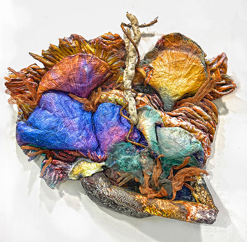 Piercing the Deep, mixed-media relief sculpture Patinated copper mesh and pipe, photo, aluminum, fiber and gauze, 40" x 40" x 8"