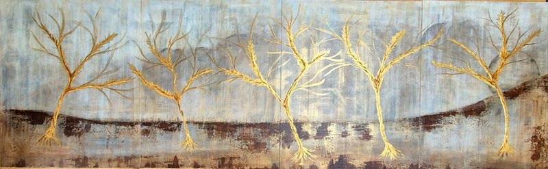 Golden Stillness, acrylic, metallic acrylic and mixed media on canvas, 79.1" × 25.2"