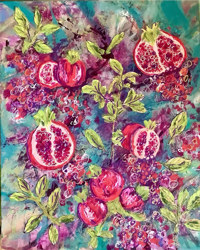 Pomegranate Party, mixed media, 24 x 18 x 1.5
